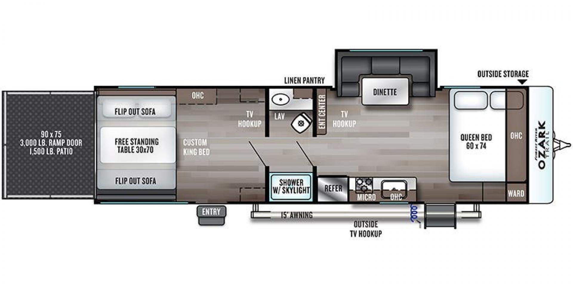 2020 WHITE Forest River OZARK TRAIL 2700THX 2700THX (4X4TZKC27LY) , located at 17760 Hwy 62, Morris, OK, 74445, 35.609104, -95.877060 - CAMPING SEASON IS HERE CHECK OUT THIS 2020 FOREST RIVER OZARK TRAIL 2700THX TOY HAULER 31FT OVERALL WITH 15FT POWER AWNING. IN THE FRONT IS THE QUEEN SIZE BED WITH STORAGE UNDER THE BED, OVERHEAD CABINET, AND WARDROBE CLOSET. IN THE LIVING AND KITCHEN AREA IS A U-SHAPED DINETTE THAT FOLDS DOWN FOR A - Photo#32