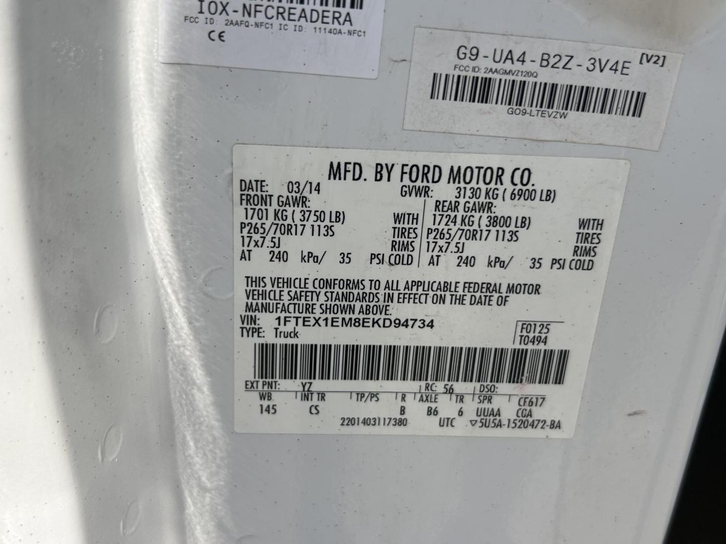 2014 White /Gray Ford F-150 (1FTEX1EM8EK) with an 3.7L V6 DOHC 24V engine, 6-Speed Automatic transmission, located at 17760 Hwy 62, Morris, OK, 74445, (918) 733-4887, 35.609104, -95.877060 - 2014 FORD F-150 4WD WITH 3.7L V6 ENGINE BI-FUEL SYSTEM RUNS ON CNG OR GASOLINE. FEATURES KEYLESS REMOTE ENTRY, POWER LOCKS, POWER WINDOWS, AM/FM STEREO, SIRIUS XM STEREO, CD PLAYER, AUXILLARY PORT, CRUISE CONTROL, TRACTION CONTROL, MULTI-FUNCTIONING STEERING WHEEL CONTROLS, TOOL BOX, AND TRAILER HIT - Photo#30