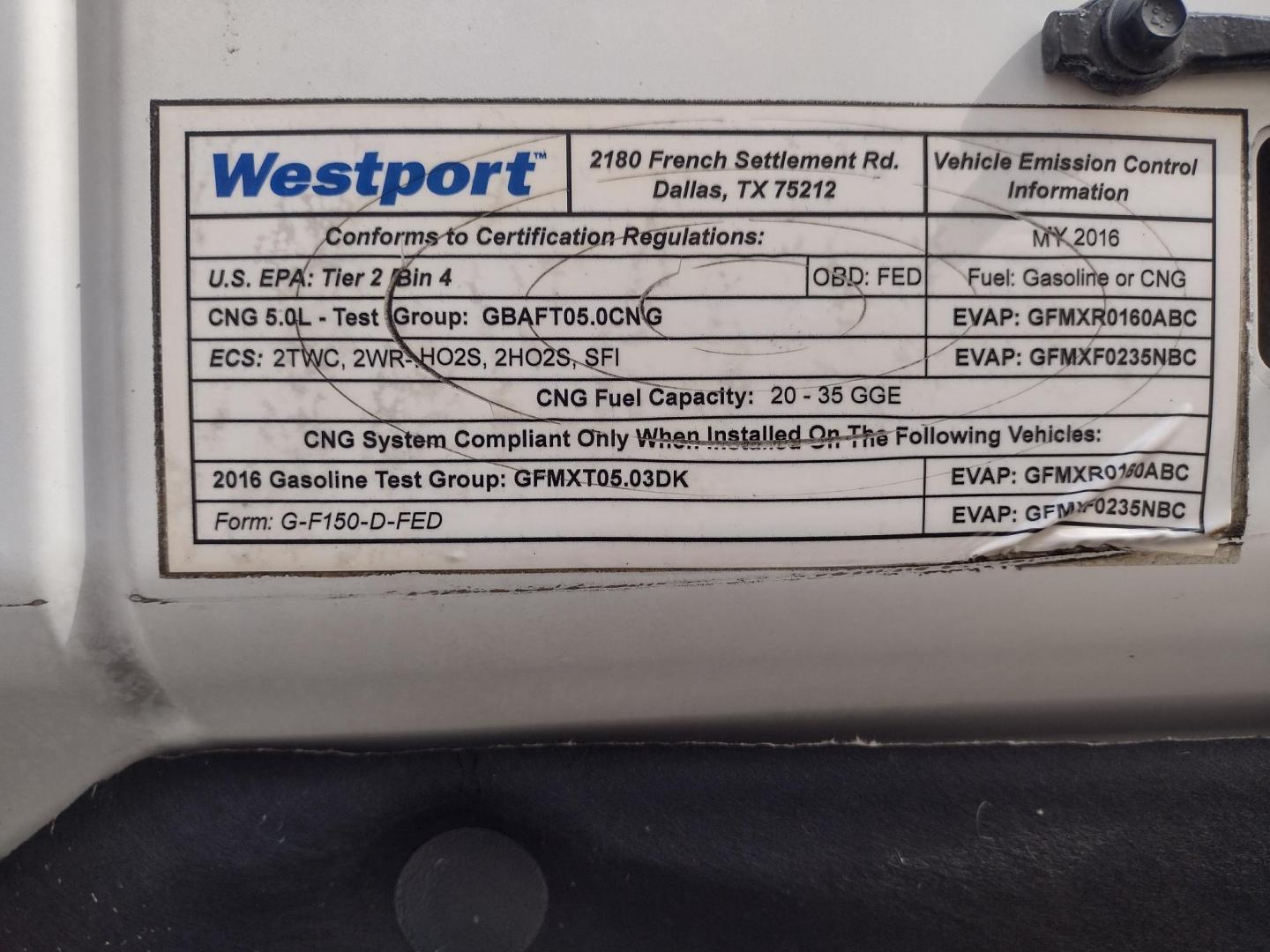 2016 White /Gray Ford F-150 XLT 4WD (1FTEW1EF1GK) with an 5.0L V8 engine, 6A transmission, located at 17760 Hwy 62, Morris, OK, 74445, (918) 733-4887, 35.609104, -95.877060 - 2016 FORD F150 XLT 4WD BI-FUEL SYSTEM RUNS ON CNG (COMPRESSED NATURAL GAS) OR GASOLINE WITH THE 5.0L V8 ENIGINE. FEATURES KEYLESS ENTRY, POWER LOCKS, POWER WINDOWS, POWER MIRRORS, CLOTH INTERIOR, MANUAL SEATS, AM/FM RADIO, CD PLAYER, HANDS FREE CALLING, BACKUP CAMERA, CRUISE CONTROL, TRACTION CONTRO - Photo#33