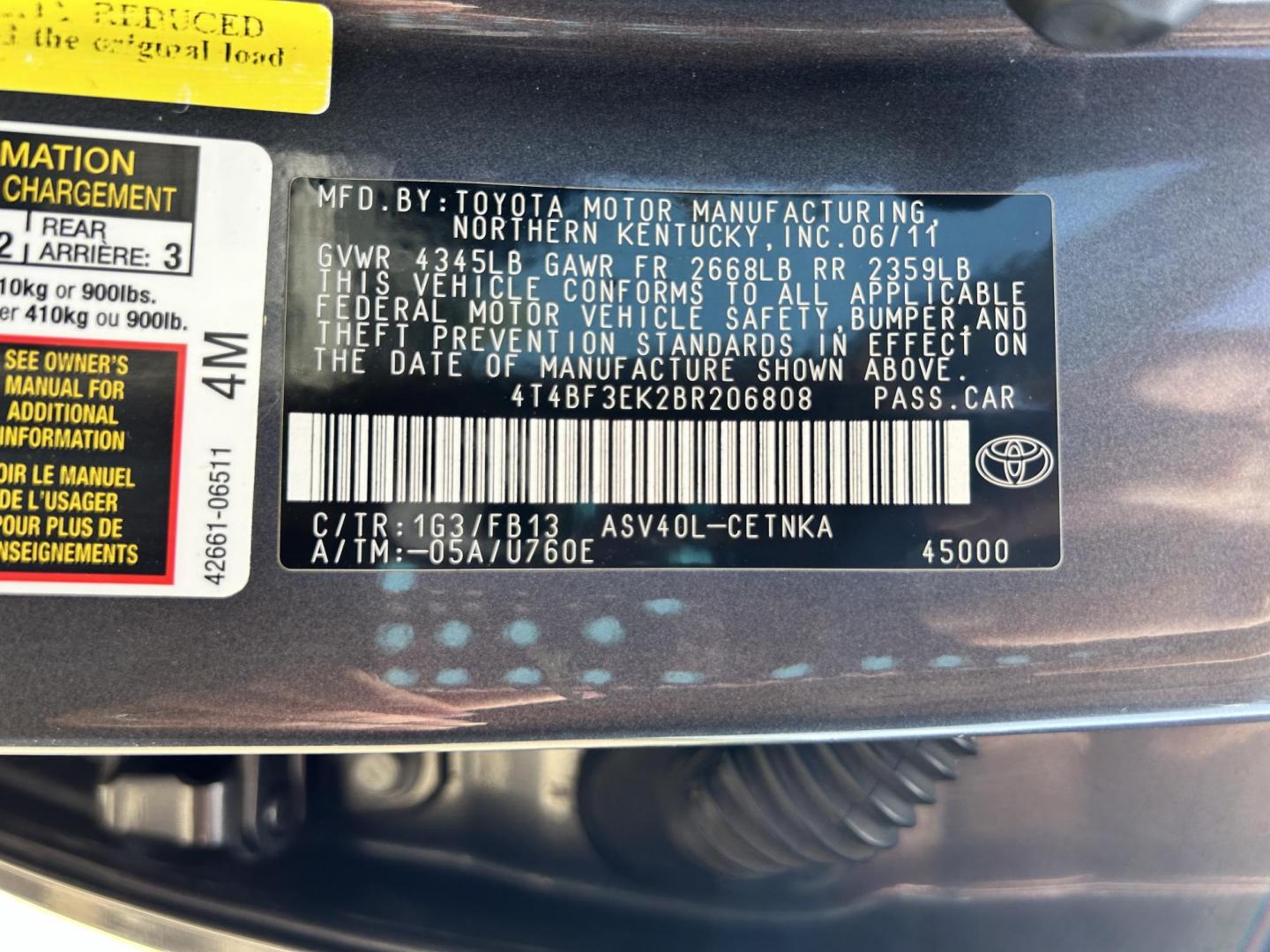 2011 Silver /GRAY Toyota Camry LE (4T4BF3EK2BR) with an 2.5L L4 DOHC 16V engine, 6-Speed Automatic transmission, located at 17760 Hwy 62, Morris, OK, 74445, (918) 733-4887, 35.609104, -95.877060 - 2011 TOYOTA CAMRY LE WITH 2.5L 4 CYLINDER ENGINE. THIS FEATURES KEYLESS ENTRY, CLOTH INTERIOR, POWER DRIVER SEAT, MANUAL PASSENGER SEAT, POWER WINDOWS, POWER LOCKS, AM/FM RADIO, CD PLAYER, AUXILIARY PORT, CRUISE CONTROL, AND TRACTION CONTROL. ONLY HAS 143,089 MILES AND BLACK HAWK 215/60R16 TIRES. - Photo#22