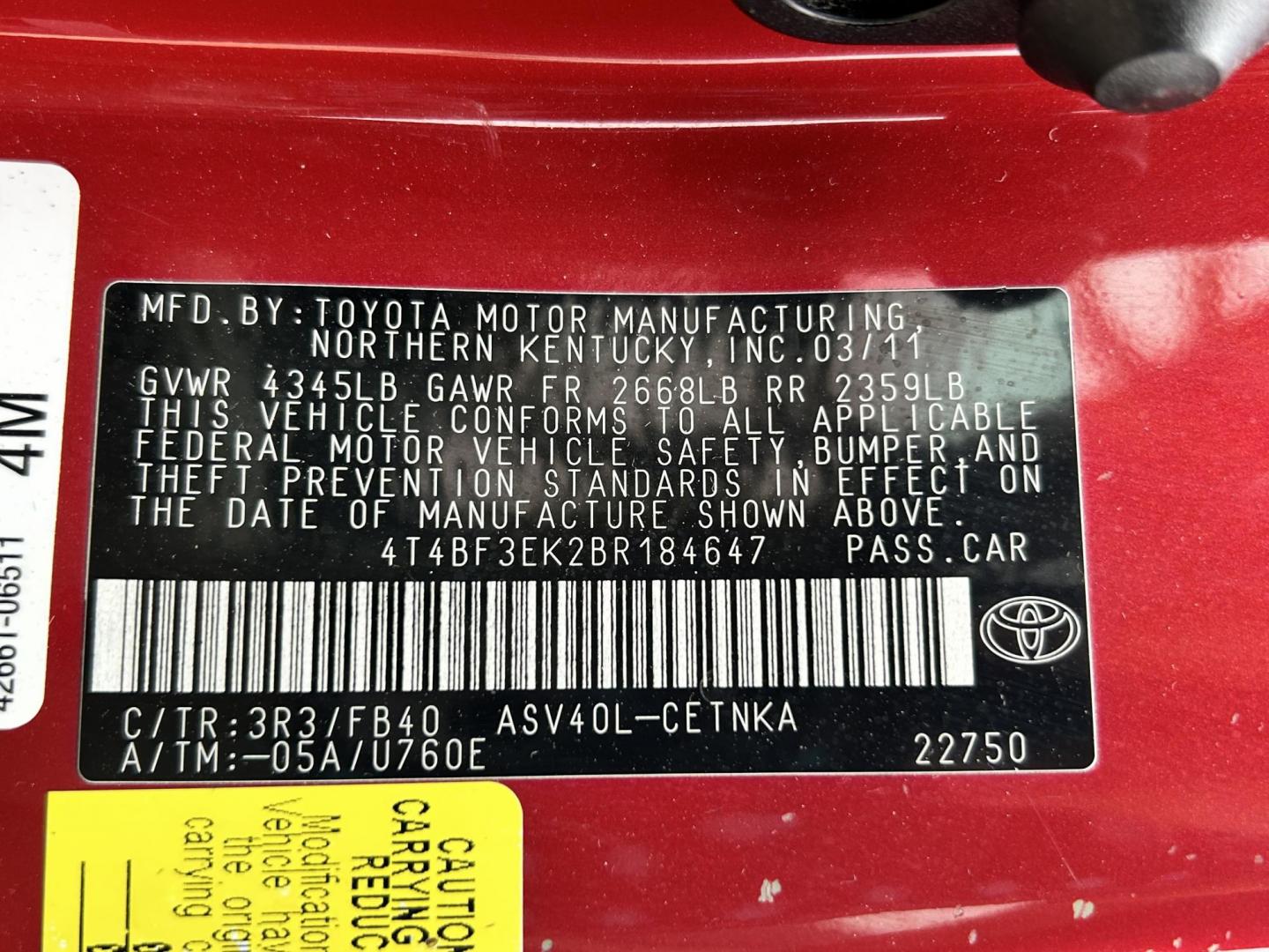 2011 RED /GRAY Toyota Camry LE (4T4BF3EK2BR) with an 2.5L L4 DOHC 16V engine, 6-Speed Automatic transmission, located at 17760 Hwy 62, Morris, OK, 74445, (918) 733-4887, 35.609104, -95.877060 - 2011 TOYOTA CAMRY LE WITH 2.5L 4 CYLINDER ENGINE. THIS FEATURES KEYLESS ENTRY, CLOTH INTERIOR, POWER DRIVER SEAT, MANUAL PASSENGER SEAT, POWER WINDOWS, POWER LOCKS, AM/FM RADIO, CD PLAYER, AUXILIARY PORT, CRUISE CONTROL, AND TRACTION CONTROL. ONLY HAS 91,152 MILES AND FIRETONE 215/65R16 TIRES. ** - Photo#21
