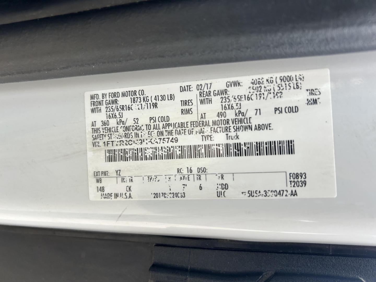 2017 White /GRAY Ford Transit 250 Van high Roof w/Sliding Pass. 148-in. WB (1FTYR2CM9HK) with an 3.7L V6 DOHC 24V engine, 6A transmission, located at 17760 Hwy 62, Morris, OK, 74445, (918) 733-4887, 35.609104, -95.877060 - 2017 FORD TRANSIT 250 HIGH TOP BI-FUEL SYSTEM RUNS ON CNG OR GASOLINE HAS THE 3.7L V6 ENIGINE. ***CLEAN TITLE*** IT FEATURES KEYLESS ENTRY, CLOTH INTERIOR, MANUAL SEATS, POWER WINDOWS, POWER LOCKS, POWER MIRRORS, CRUISE CONTROL, HANDS FREE CALLING, AM/FM RADIO, SIRIUS RADIO, BLUETOOTH RADIO, BACKUP - Photo#34