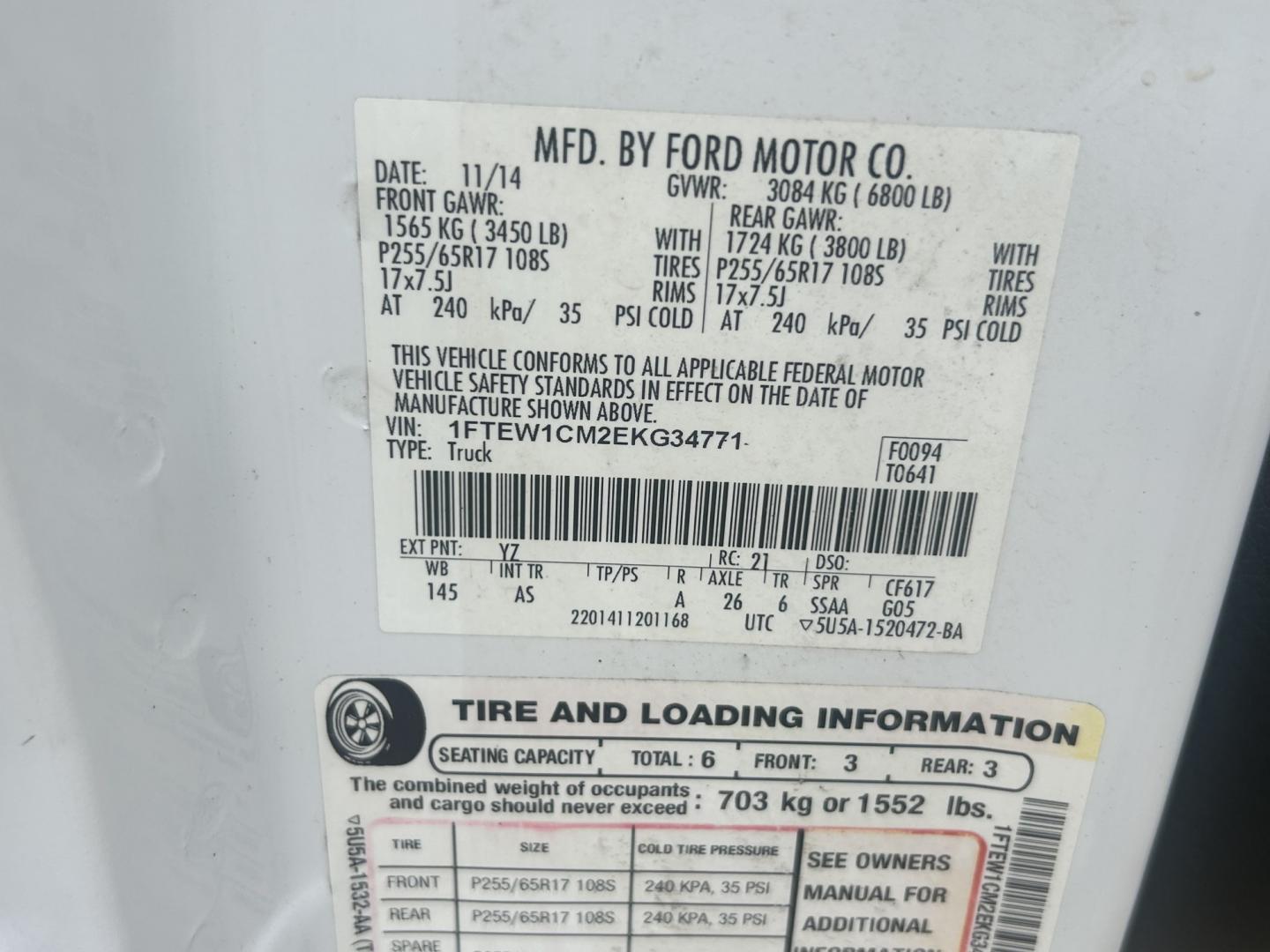 2014 White /GRAY Ford F-150 (1FTEW1CM2EK) with an 3.7L V6 DOHC 24V engine, 6-Speed Automatic transmission, located at 17760 Hwy 62, Morris, OK, 74445, (918) 733-4887, 35.609104, -95.877060 - 2014 FORD F-150 2WD 3.7L V6 DEDICATED CNG ONLY RUNS ON COMPRESSED NATURAL GAS. FEATURES KEYLESS REMOTE ENTRY, VINYL MANUAL SEATS, POWER LOCKS, POWER WINDOWS, AM/FM STEREO, AND TRACTION CONTROL. HAS 137,341 MILES WITH 255/65R17 TIRES. THIS IS A DEDICATED CNG THAT ONLY RUNS ON COMPRESSED NATURAL GAS A- Photo#24