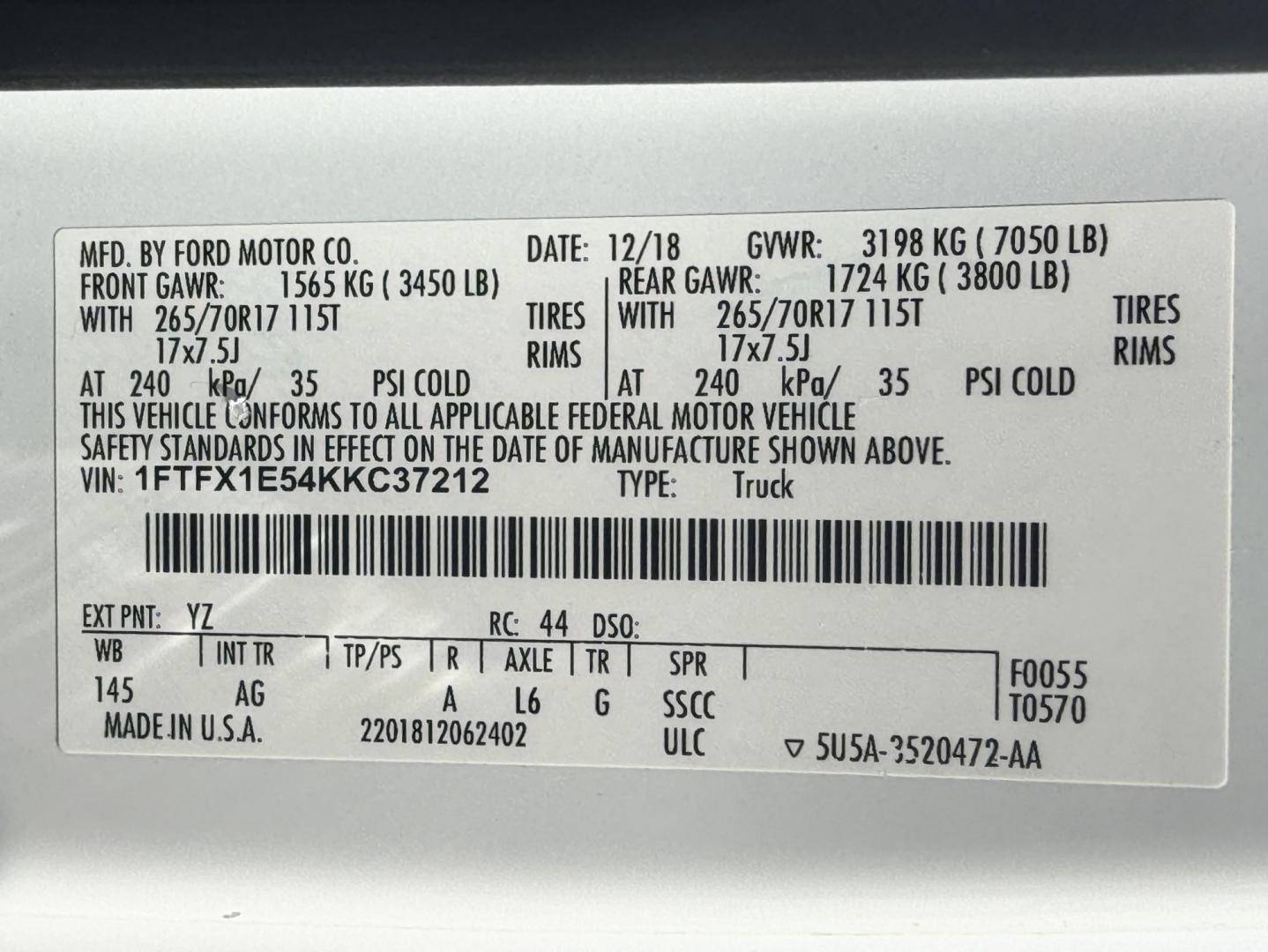 2019 White /Gray Ford F-150 (1FTFX1E54KK) with an 5.0L V8 OHV 16V engine, 6A transmission, located at 17760 Hwy 62, Morris, OK, 74445, (918) 733-4887, 35.609104, -95.877060 - 2019 FORD F150 HAS A 5.0L V8 ENGINE AND IS 4WD. FEATURES KEYLESS ENTERY, LEATHER INTERIOR, POWER WINDOWS, POWER LOCKS, POWER MIRRORS, AM/FM RADIO, HANDS FREE CALLING, A/C, TRACTION CONTROL,USB PORT, BACKUP CAMERA, BED COVER, AND BED LINER. EQUIPPED WITH A BI-FUEL CNG FUEL SYSTEM. IT RUNS ON COMPRESS- Photo#26