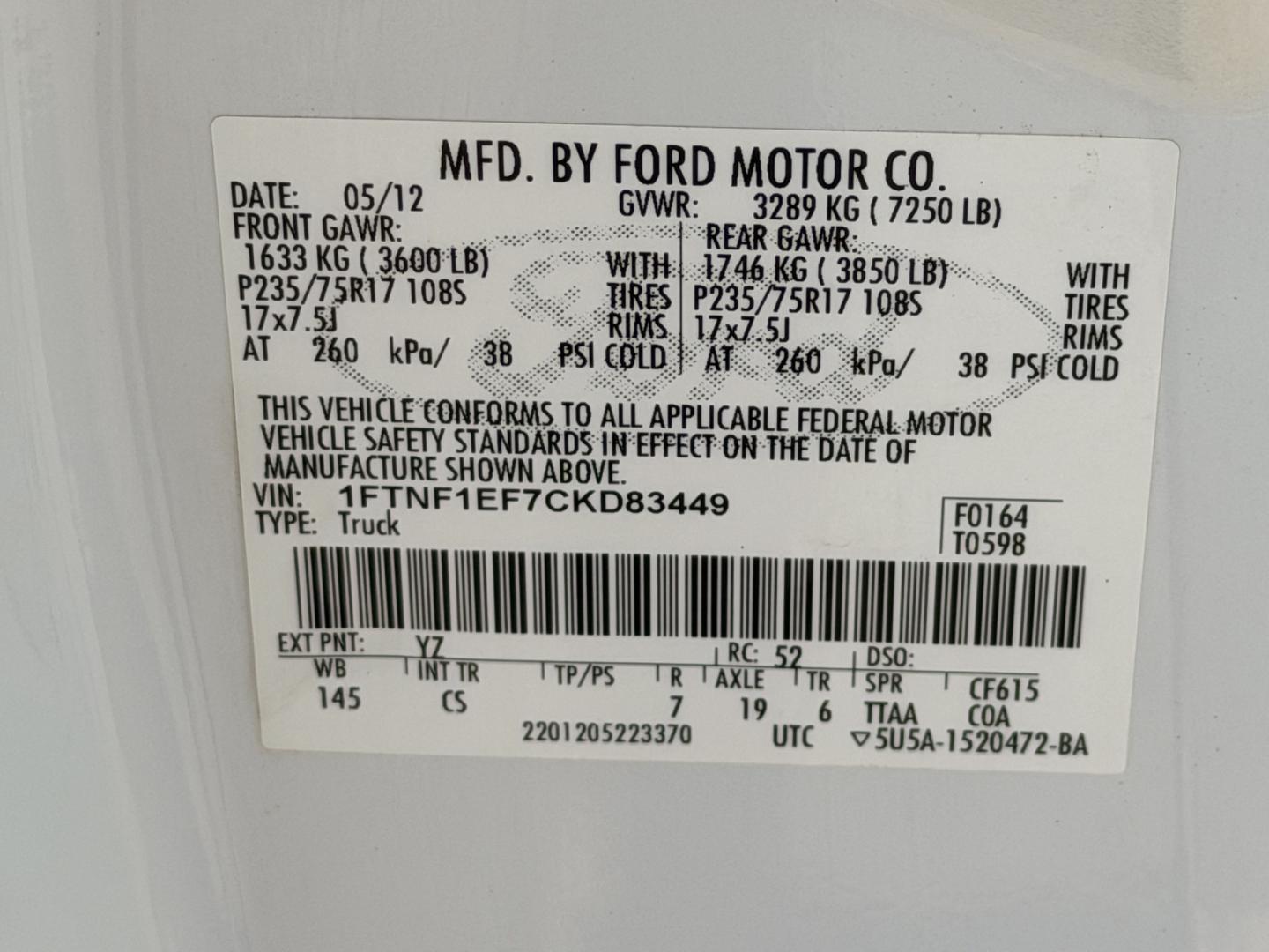 2012 White /GRAY Ford F-150 (1FTNF1EF7CK) with an 5.0L V8 OHV 16V engine, 6A transmission, located at 17760 Hwy 62, Morris, OK, 74445, (918) 733-4887, 35.609104, -95.877060 - 2012 FORD F-150 4WD 8FT BED HAS THE 5.0L V8 ENGINE. FEATURES KEYLESS ENTRY, POWER LOCKS, POWER WINDOWS, CLOTH INTERIOR, MANUAL SEATS, AM/FM STEREO, CRUISE CONTROL, TRACTION CONTROL, AND TRAILER HITCH. HAS 156,460 MILES WITH 245/70R17 TIRES. ***CLEAN TITLE*** ****DAMAGE SHOWN IN PHOTOS**** $9,- Photo#19