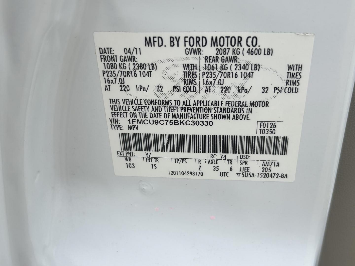2011 WHITE /Gray Ford Escape (1FMCU9C75BK) with an 2.5L L4 DOHC 16V engine, 6-Speed Automatic transmission, located at 17760 Hwy 62, Morris, OK, 74445, (918) 733-4887, 35.609104, -95.877060 - 2011 FORD ESCAPE AWD AND HAS THE 2.5L L4 ENGINE. DEDICATED CNG ONLY RUNS ON COMPRESSED NATURAL GAS. IT FEATURES CLOTH INTERIOR, MANUAL SEATS, POWER WINDOWS, POWER LOCKS,CRUISE CONTROL, AM/FM RADIO, SIRIUS RADIO, CD PLAYER, AUXILARY PORT, AND HAND FREE CALLING. TIRES 235/70R16 AND ONLY HAS 111,801 M - Photo#26